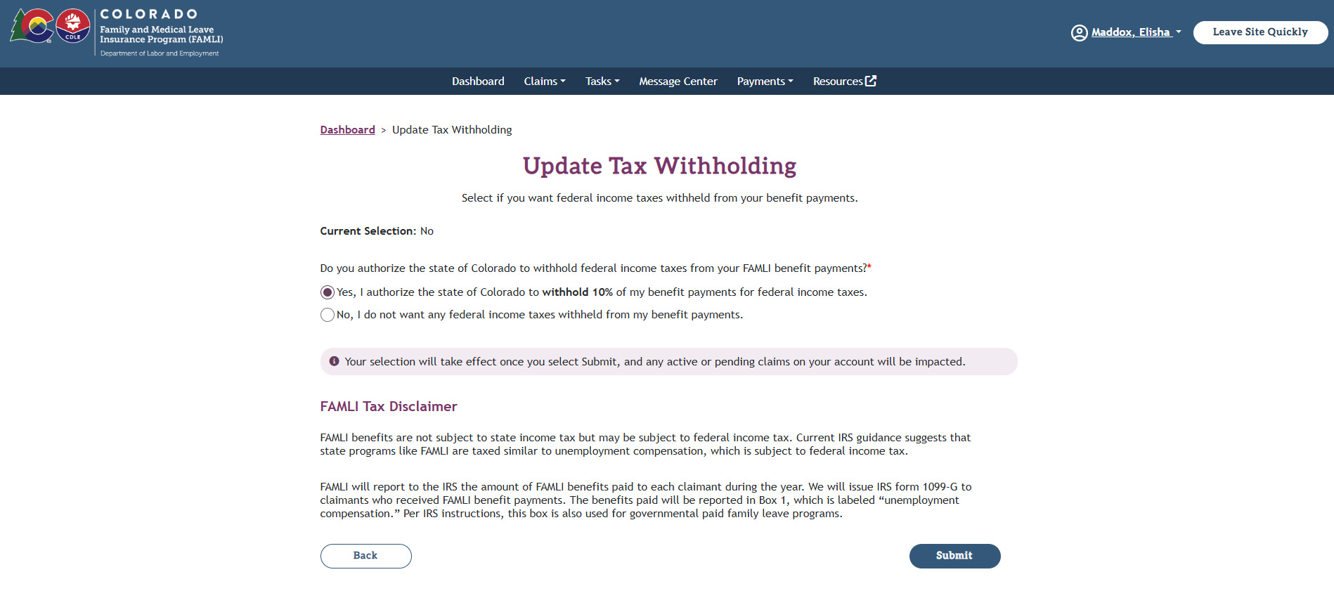 Update Tax Withholding Screen Shot