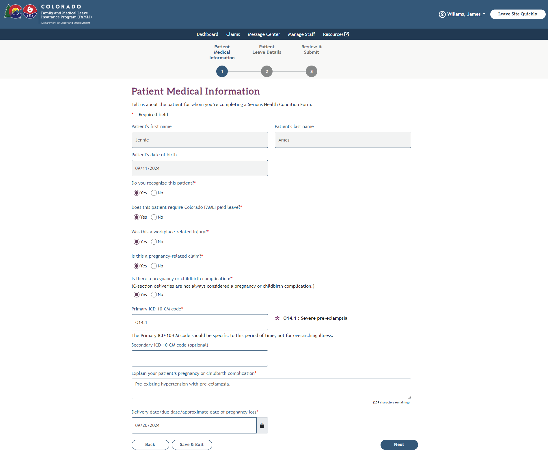 My FAMLI+ Patient Medical Information Screenshot