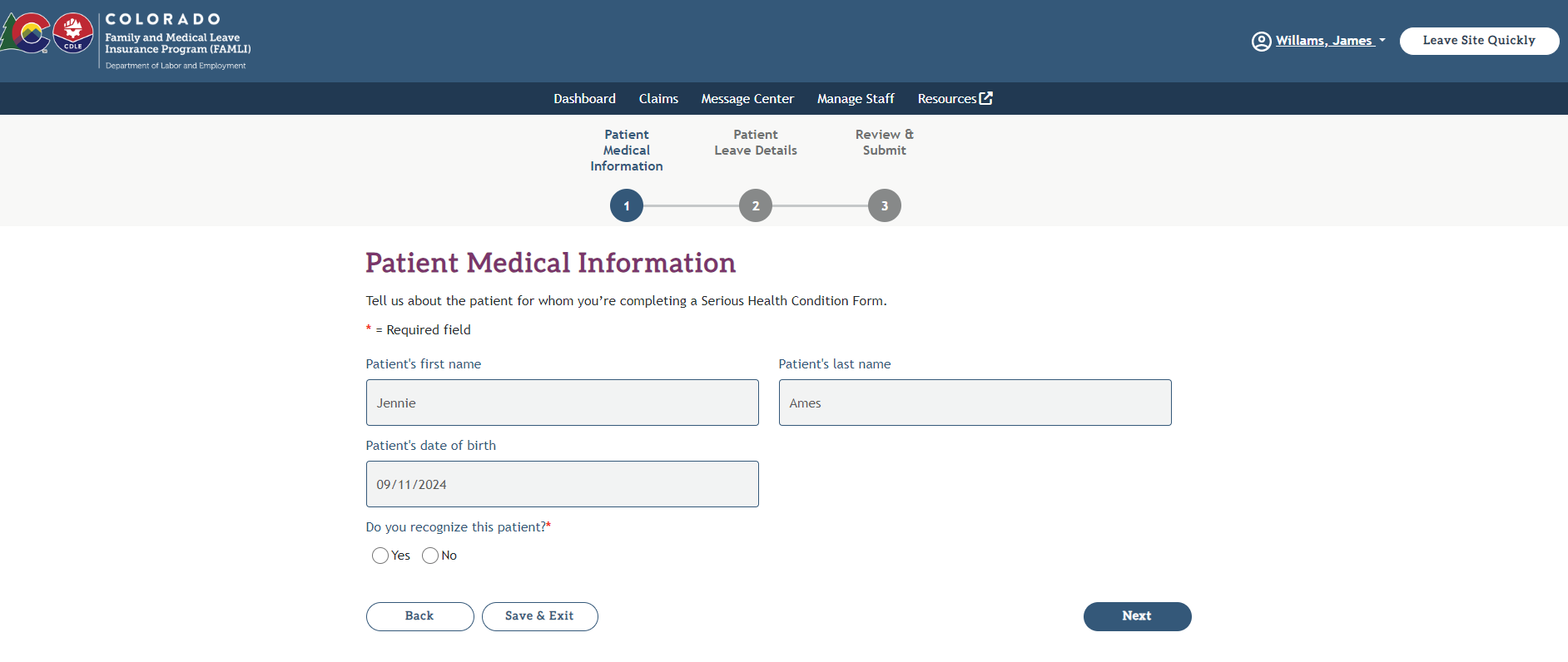 My FAMLI+ Patient Medical Information Screenshot