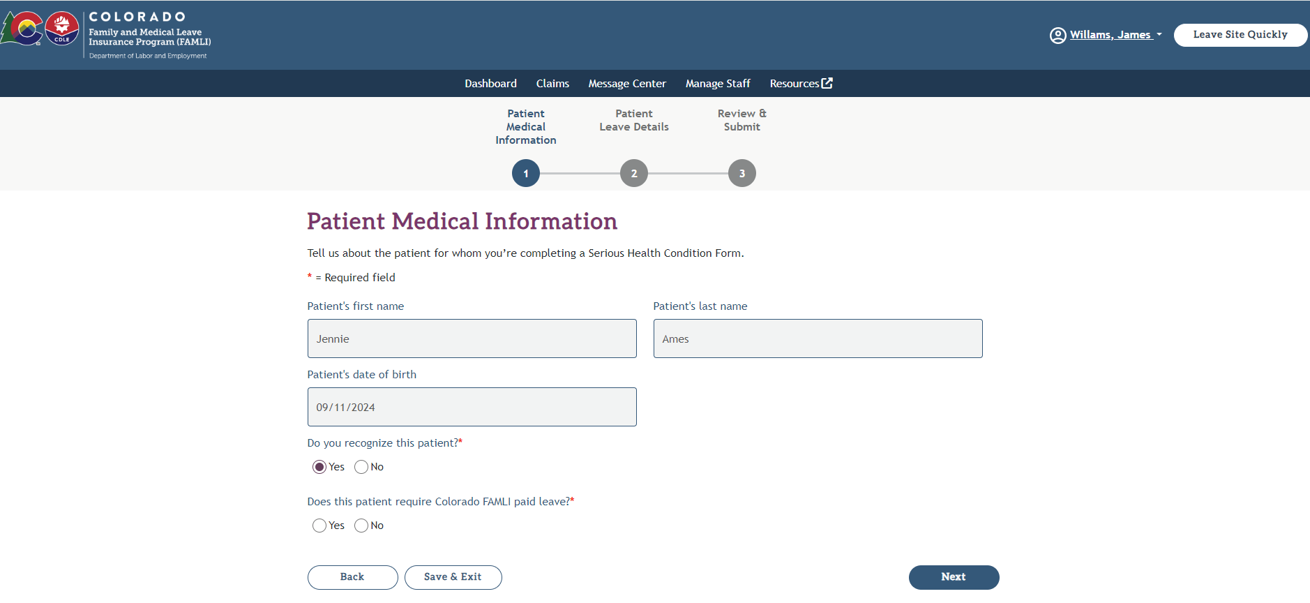 My FAMLI+ Patient Medical Information Screenshot