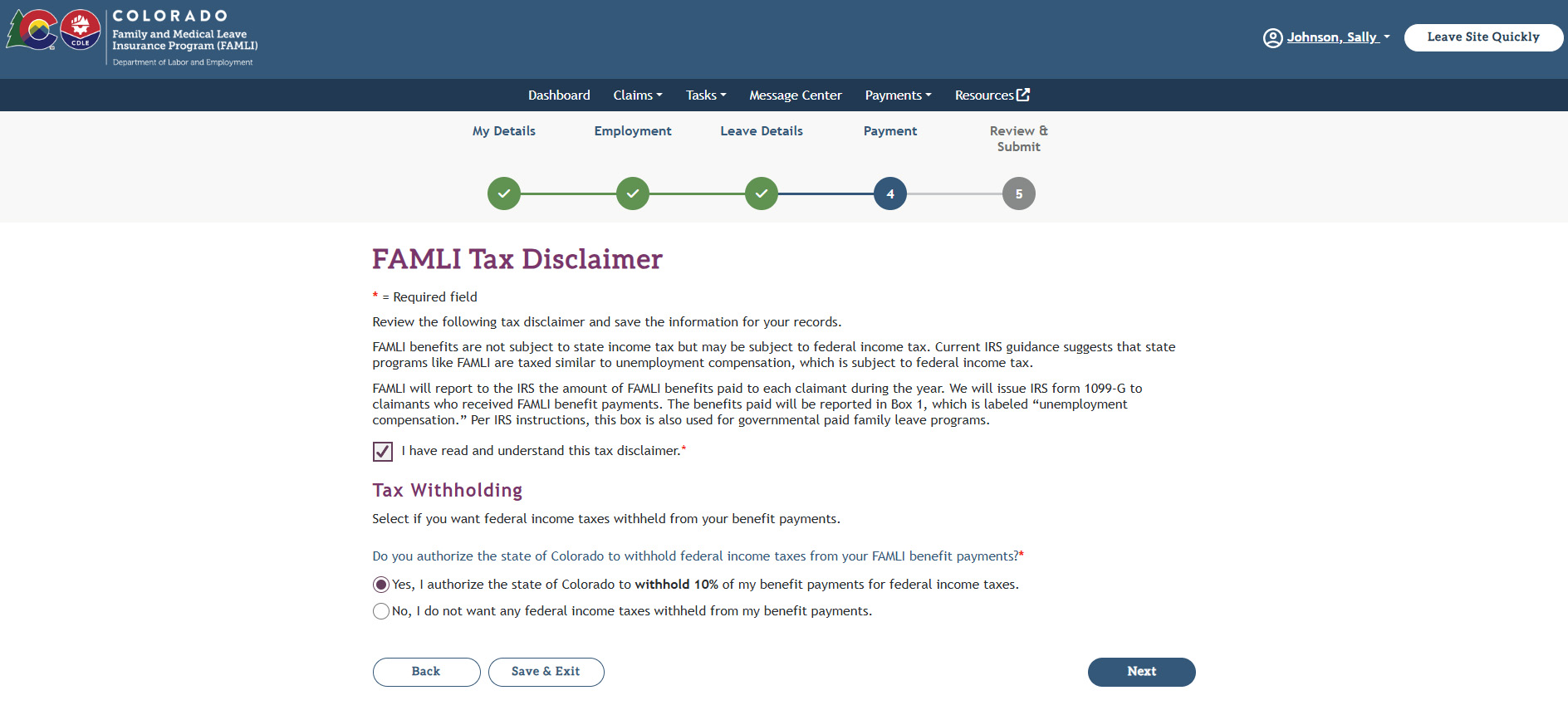 FAMLI Tax Disclaimer screen shot