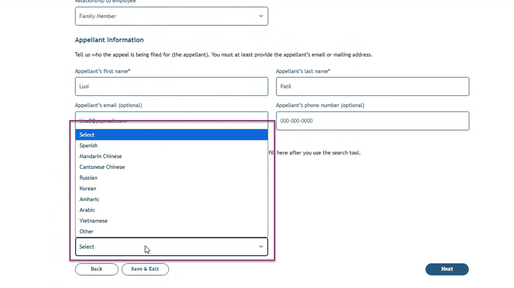 My FAMLI+ Appeals 4.4 Language Dropdown