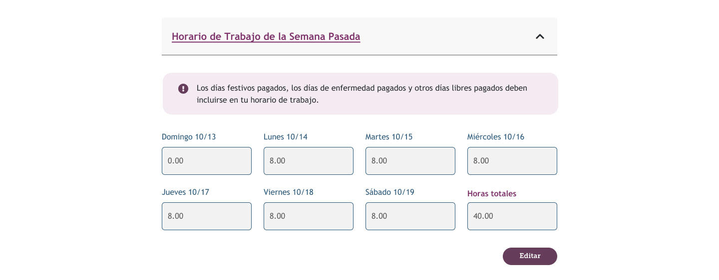 My FAMLI+ Horario de Trabajo de la Semana Pasada