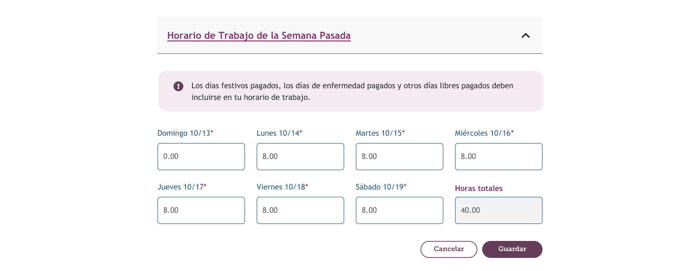 My FAMLI+ Horario de Trabajo de la Semana Pasada 