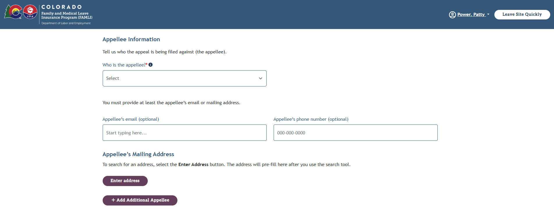 My FAMLI+ Appeals 4.5 Appeals Details Appellee Information