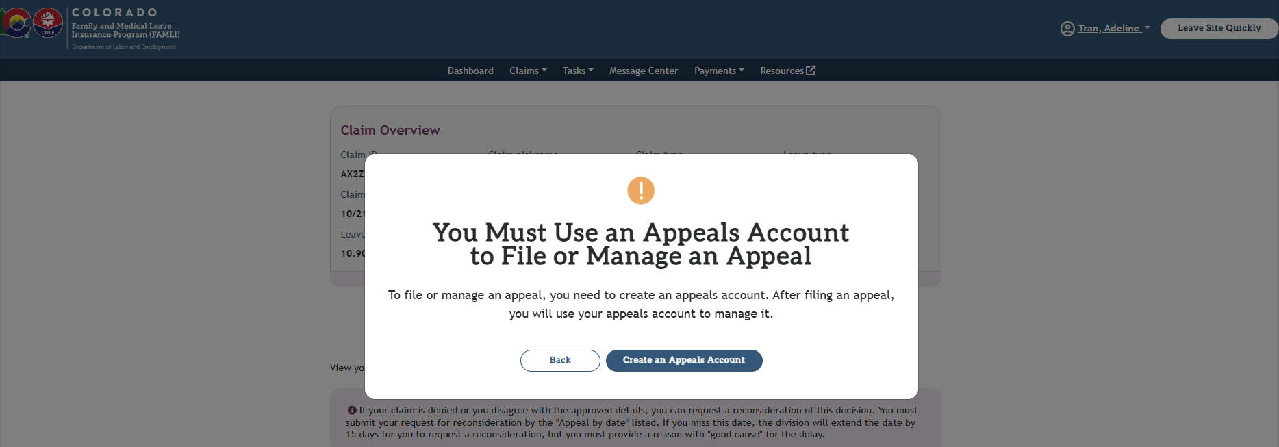 My FAMLI+ User Guide File Appeals Modal Screen