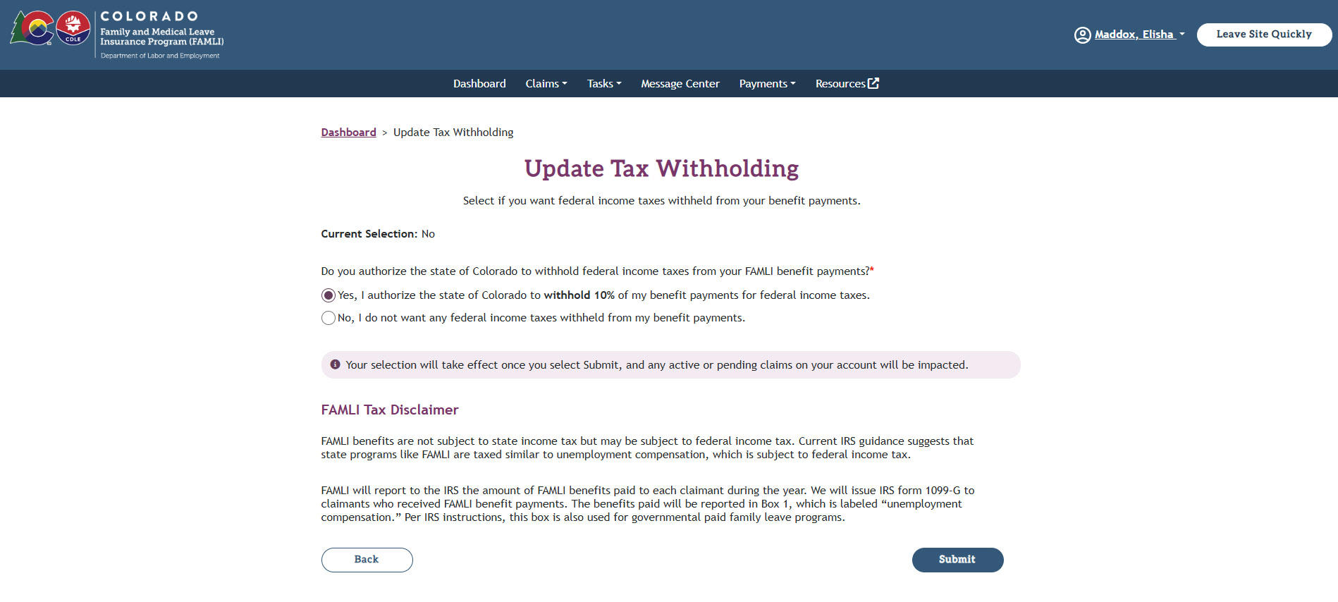 My FAMLI+ User Guide Update Tax Withholding Screen