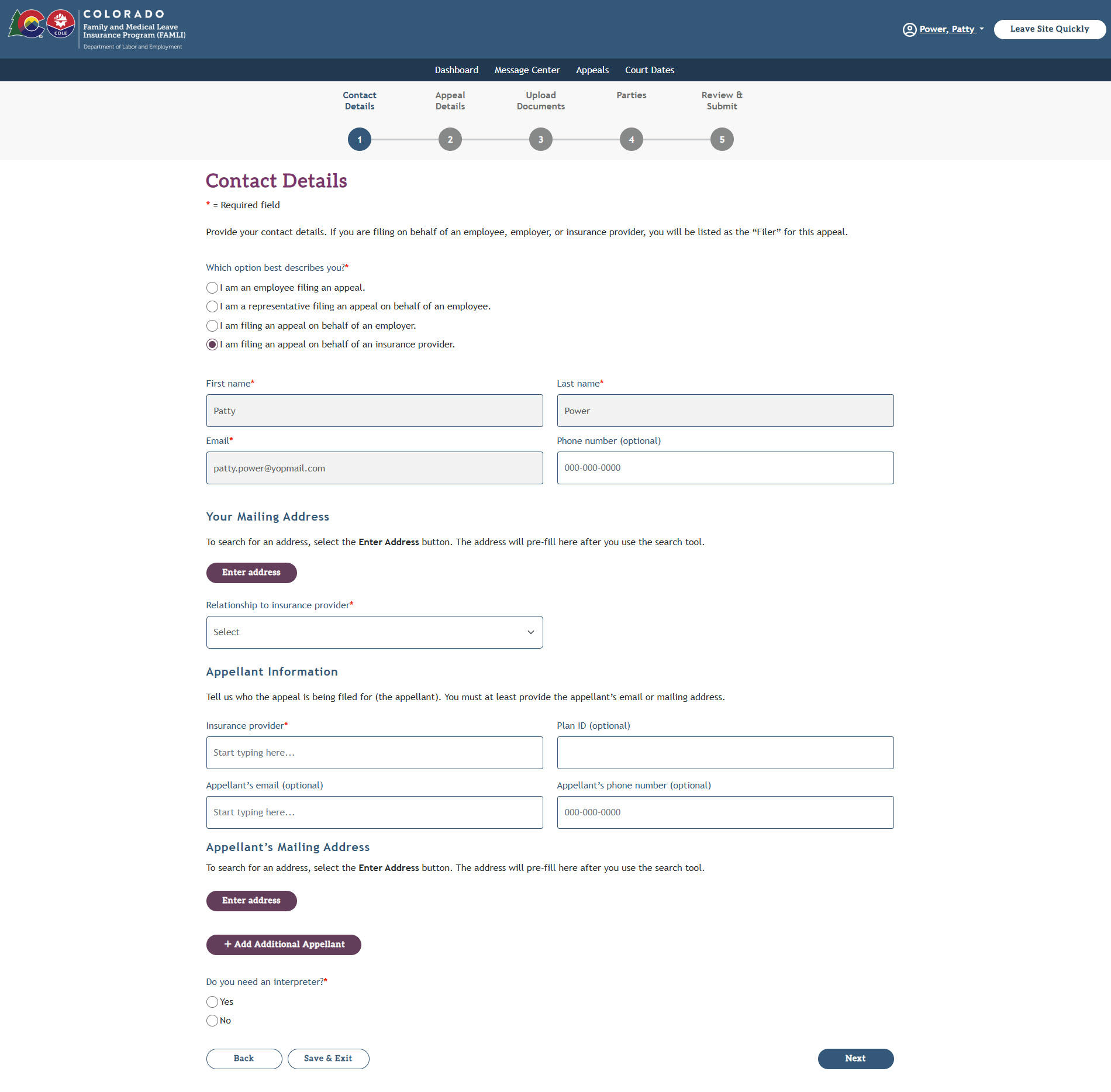 My FAMLI+ Appeals 4.5 Contact Details Filing on behalf of an Insurance Provider