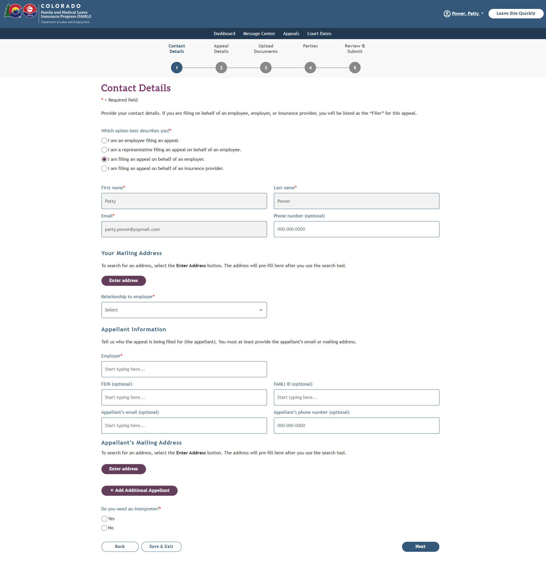 My FAMLI+ Appeals 4.5 Contact Details Filing on behalf of an employer