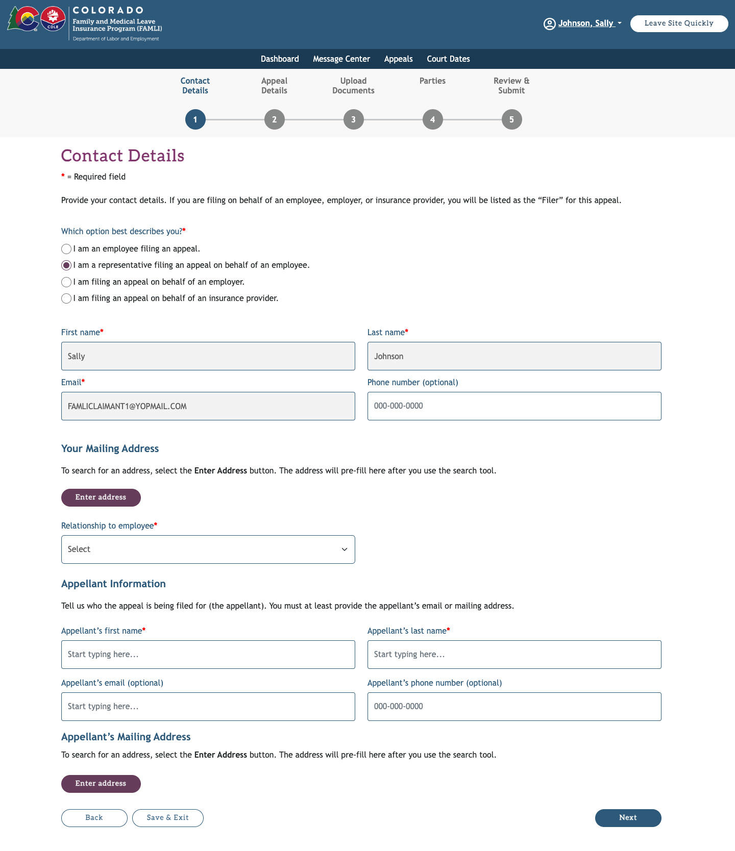 My FAMLI+ User Guide: Appeals Contact Details Filing on Behalf of an Employee