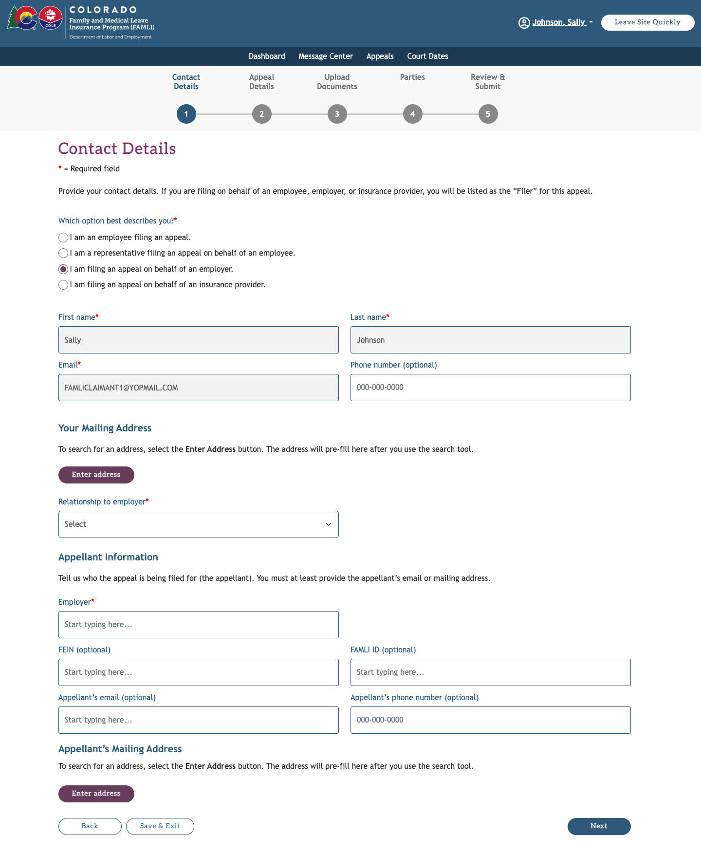 My FAMLI+ User Guide: Appeals Contact Details Filing on Behalf of Employer