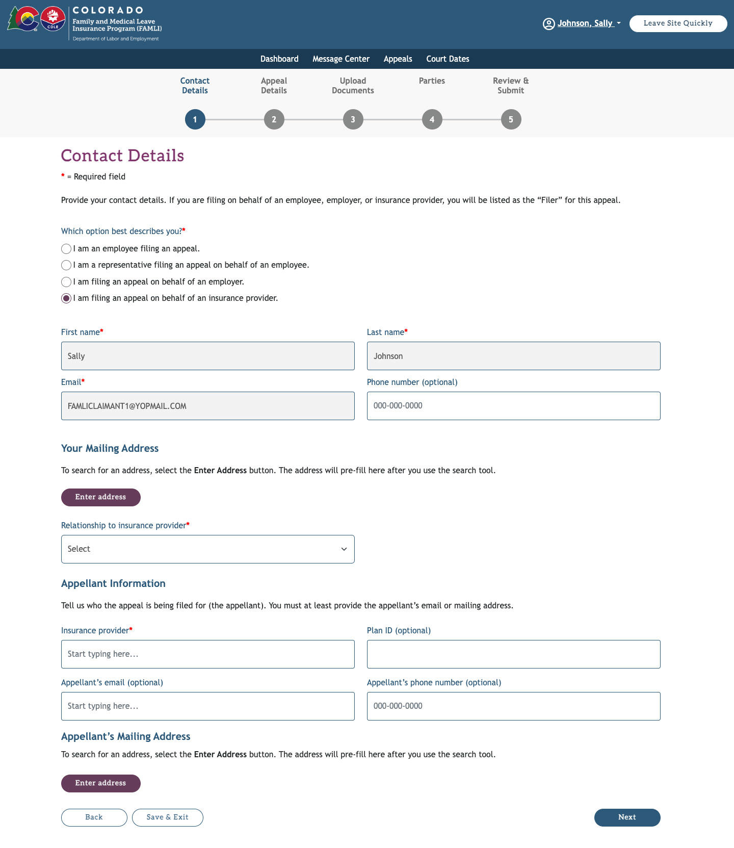 My FAMLI+ User Guide: Appeals Contact Details Filing on Behalf of Insurance Provider