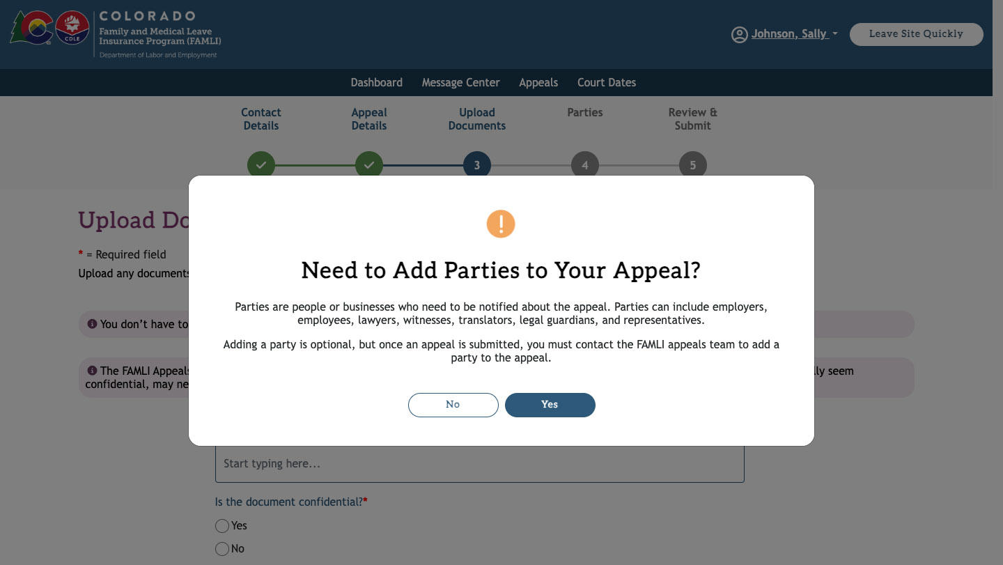 My FAMLI+ User Guide: Appeals Add Parties Question