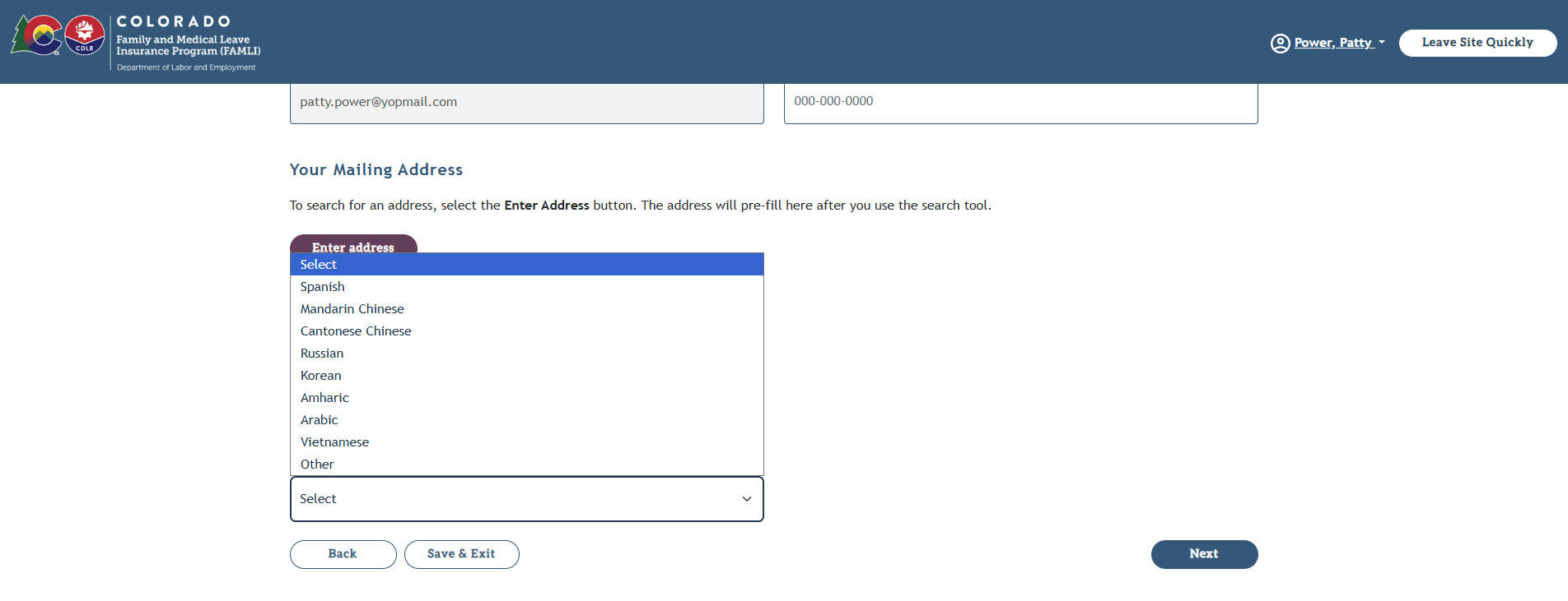 My FAMLI+ Appeals 4.5 Contact Details Interpreter Language Options