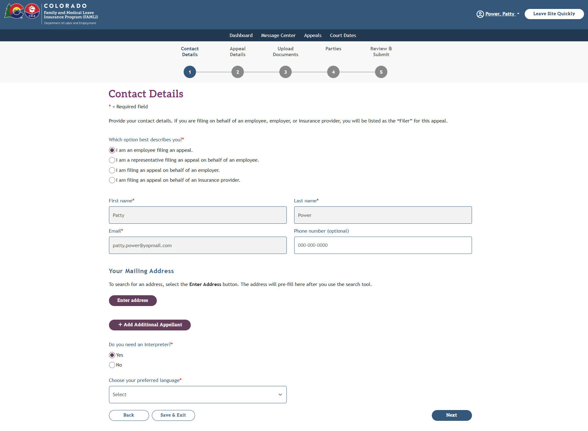 My FAMLI+ Appeals 4.5 Contact Details Interpreter Yes