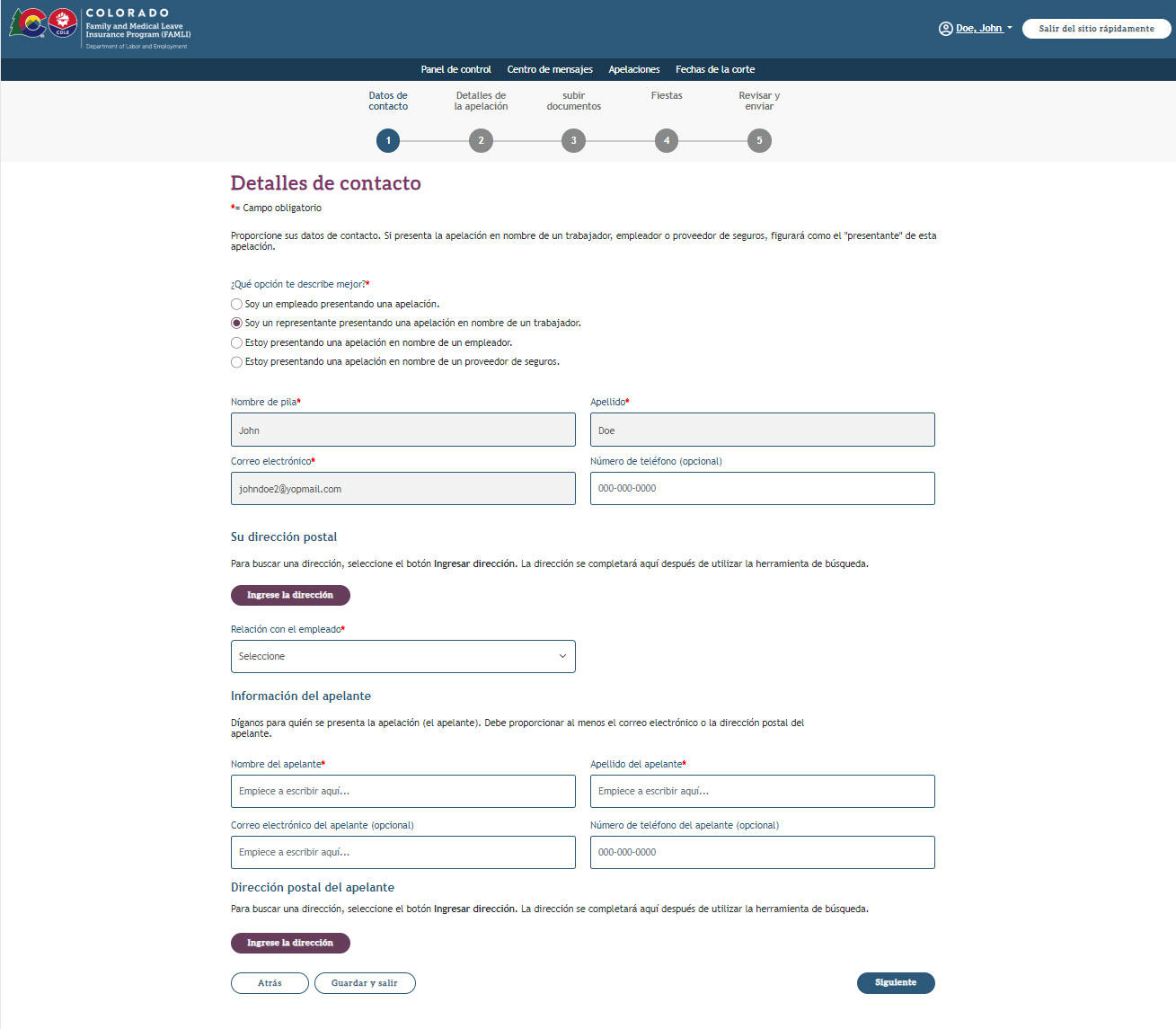 My FAMLI+ Apelaciones: Detalles de contacto para una solicitud como representante en nombre de un empleado
