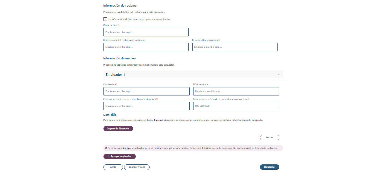 My FAMLI+ Apelaciones: Detalles de la apelación: Información de reclamo