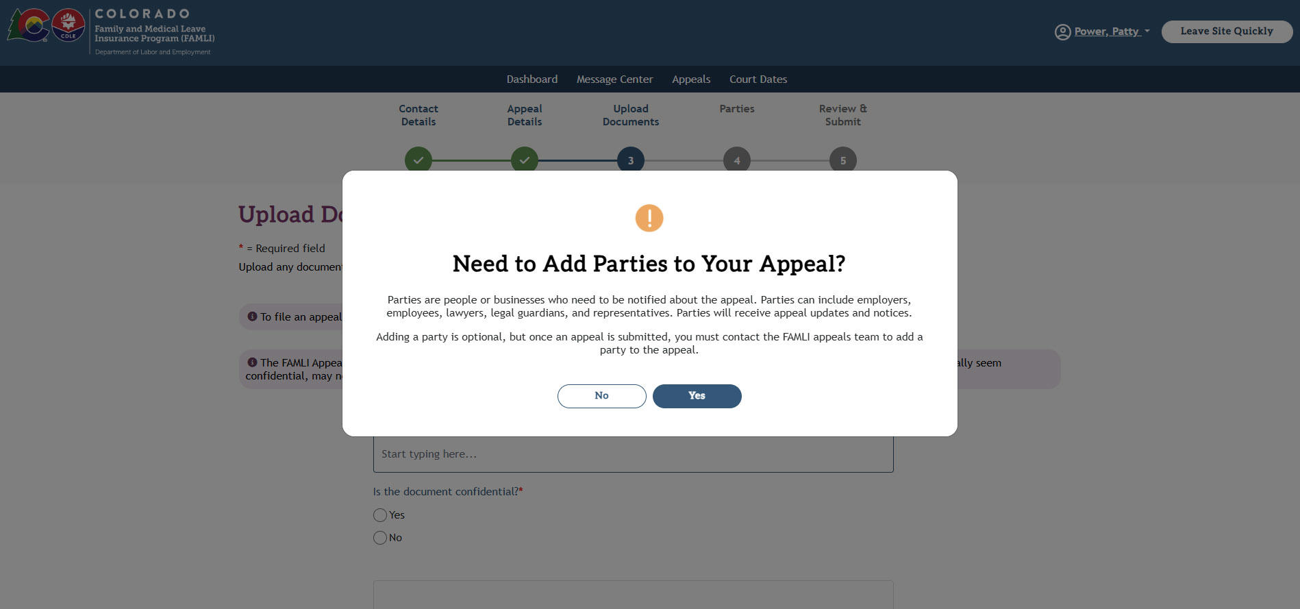 My FAMLI+ Appeals 4.5 Parties Screen modal