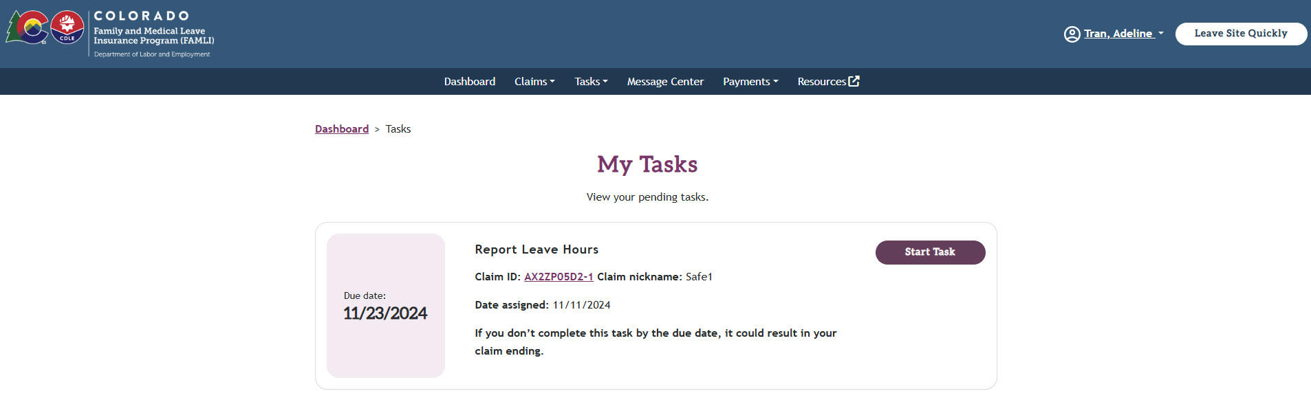 The Report Leave Hours task on the My Tasks page in the My FAMLI+ portal.