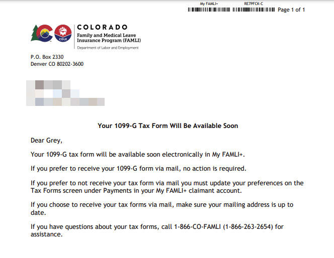 Correspondence sample from FAMLI informing the claimant that their 1099-G tax form will be available soon.