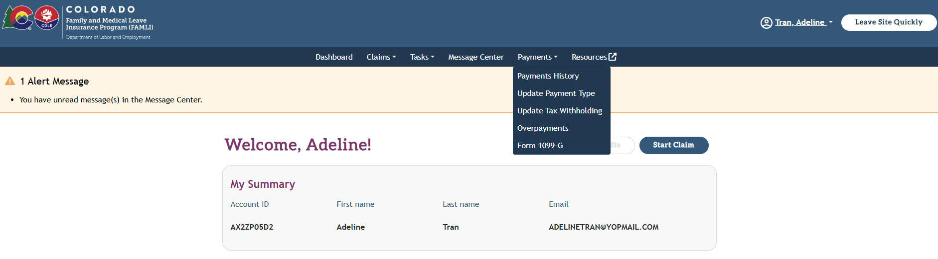 Dropdown options for the Payments tab on the claimant dashboard in My FAMLI+ portal.