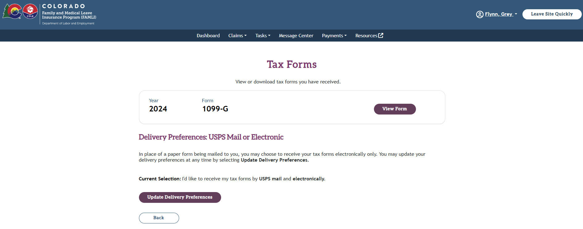 The Tax Forms page with the Update Delivery Preferences button in My FAMLI+ portal.