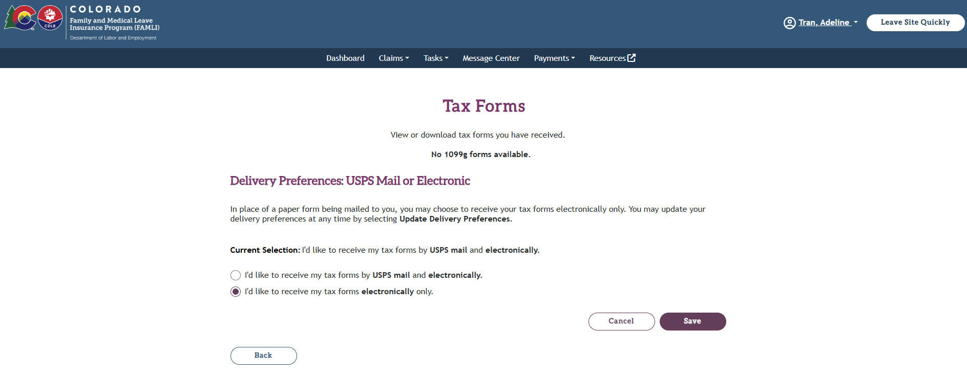 The radio button on the Tax Forms page is selected next to an option: I'd like to receive my tax forms electronically only. 