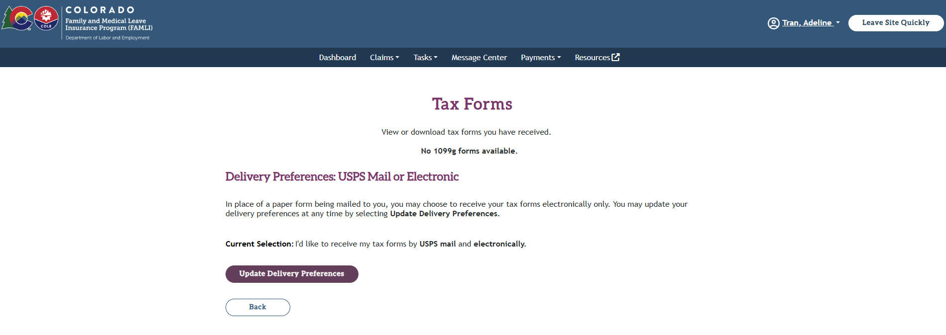 The 1099-G form for 2024 with the View Form button is listed on the Tax Forms page.