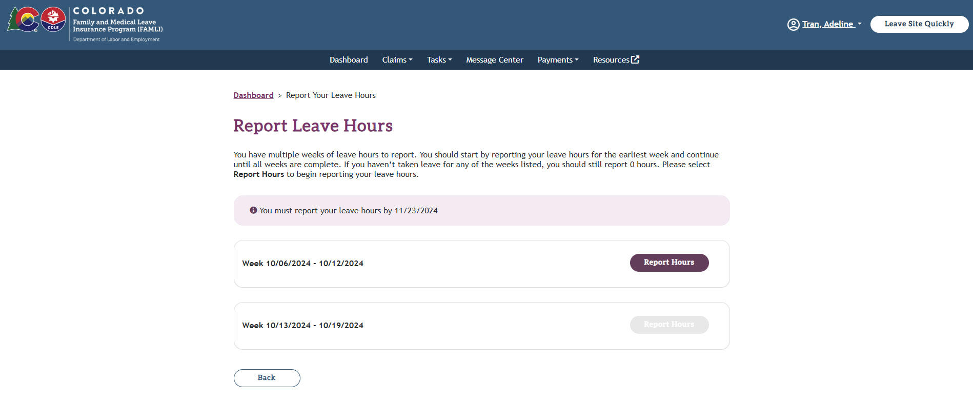 The Report Leave Hours page with two weeks displayed and an active Report Hours button next to the first week.