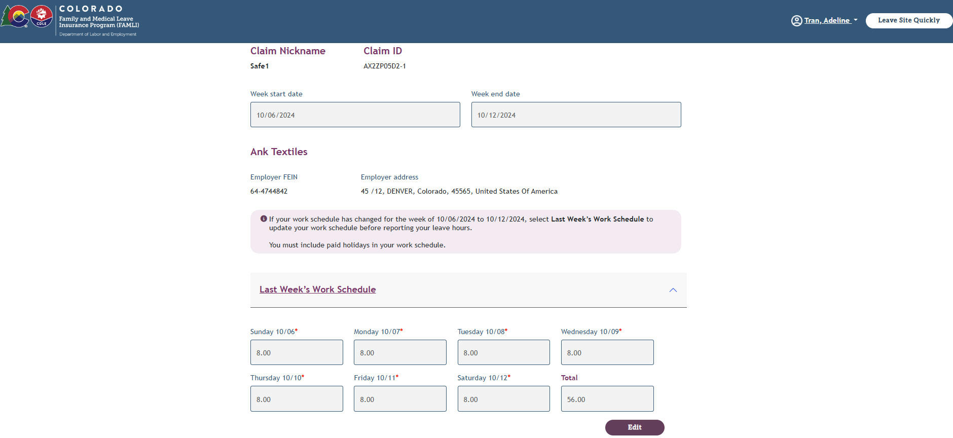 Expanded Last Week's Work Schedule section including fields for days of the week and the Edit button.