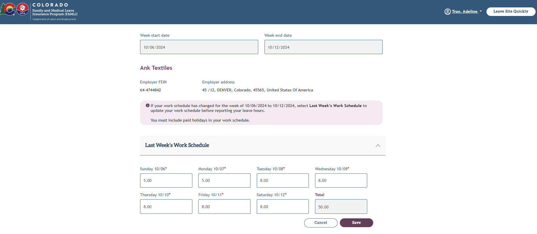 Expanded Last Week's Work Schedule section including fields for days of the week and the Edit button.