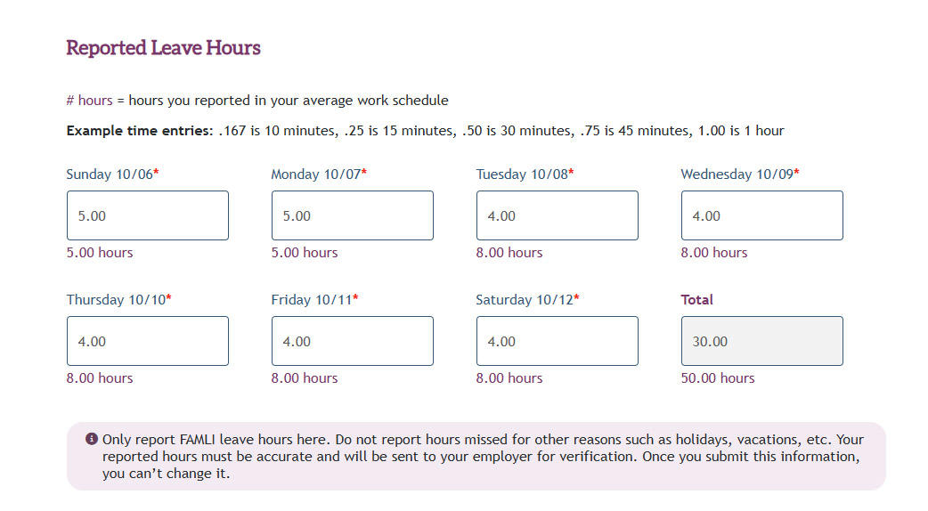 The Reported Leave Hours section of the Report Your Leave Hours page.