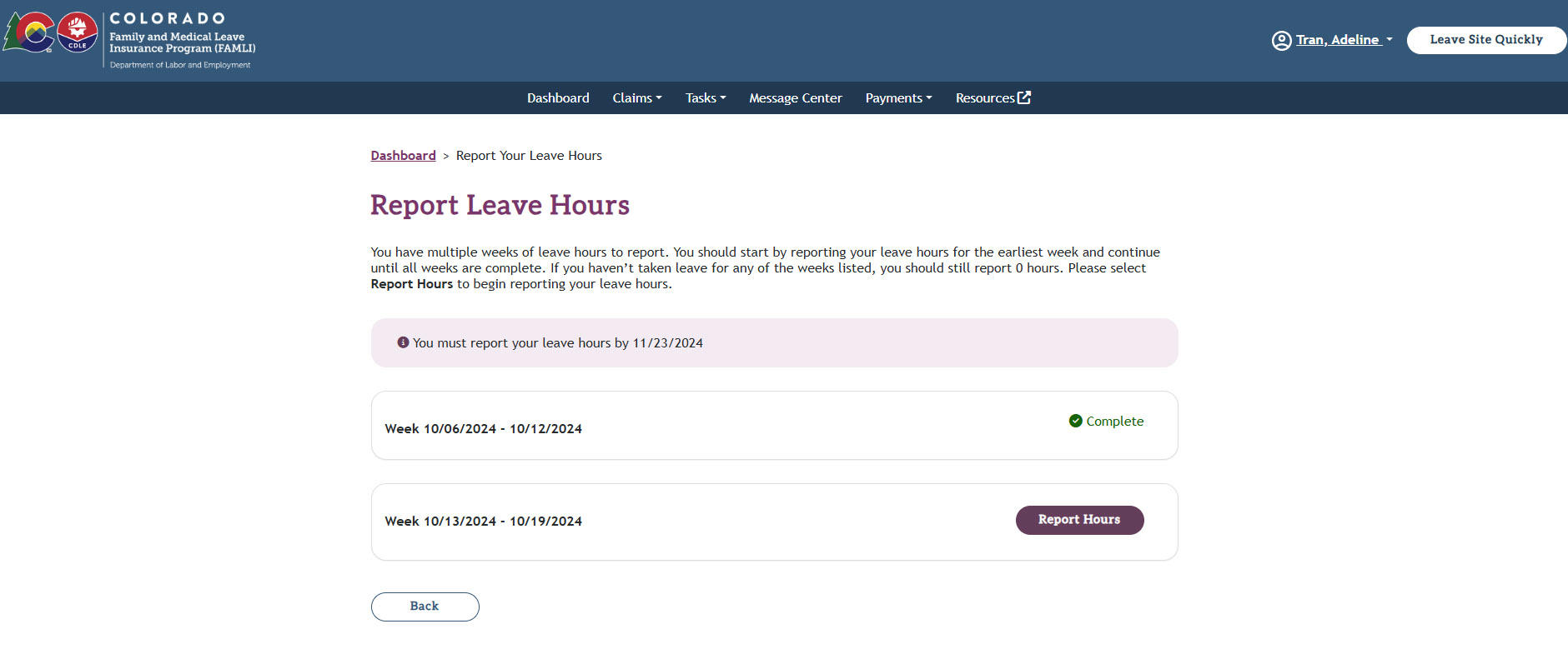 The Report Leave Hours page with the Complete status next to the first week.