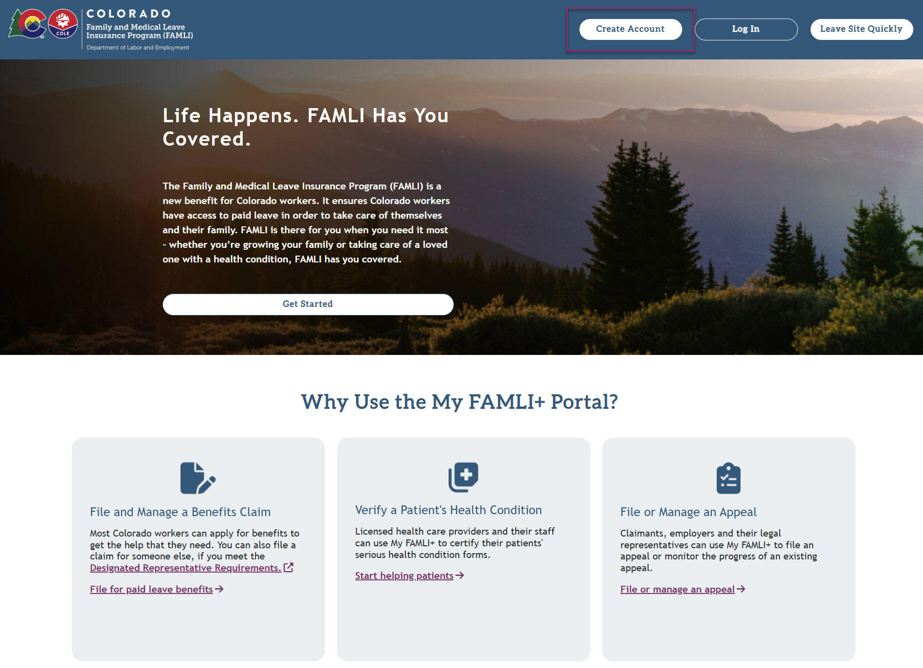 My FAMLI+ HCP 4.10 Account Creation Main Screen