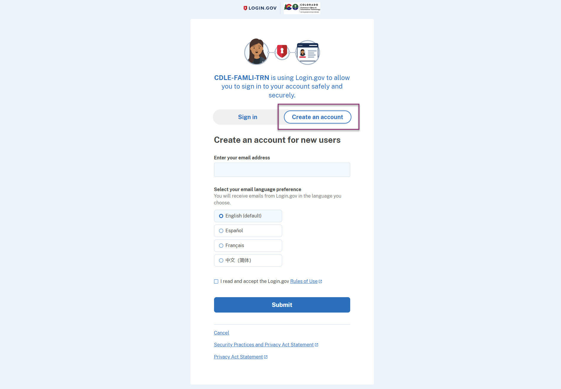 My FAMLI+ HCP 4.10 Account Creation Login.gov Main Screen