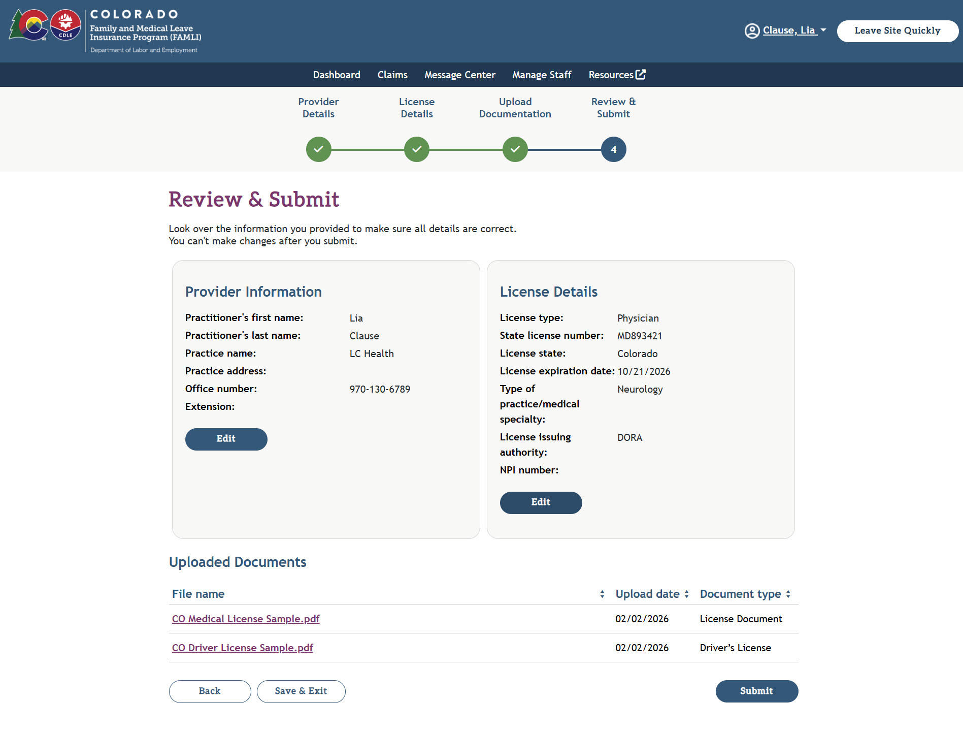 My FAMLI+ HCP 4.10 Review and Submit