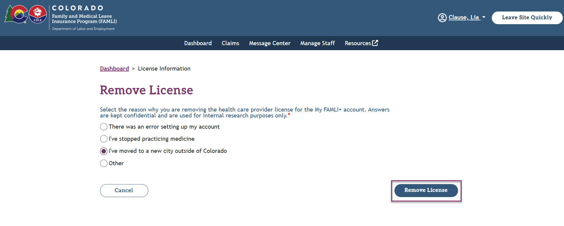 My FAMLI+ HCP 4.10 Remove License Verification Submit Button