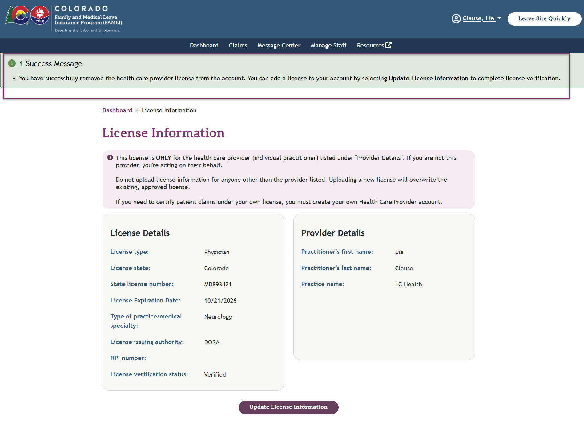 My FAMLI+ HCP 4.10 Remove License Verification Success Message
