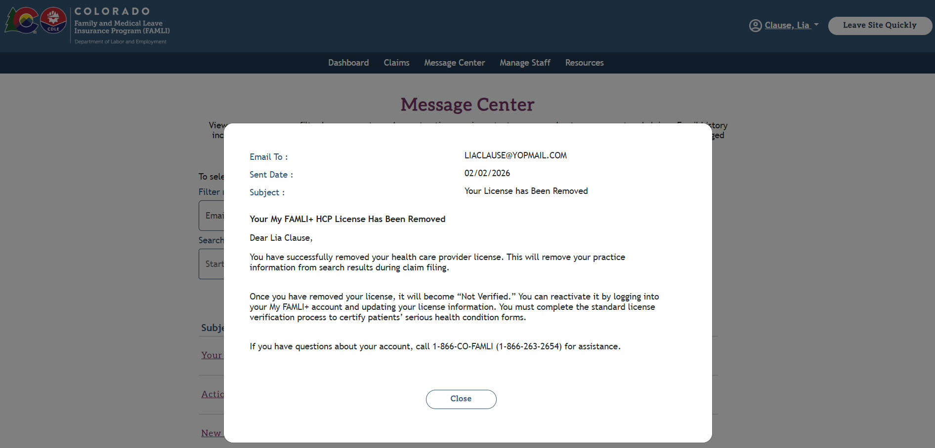 My FAMLI+ HCP 4.10 Remove License Verification Confirmation Email