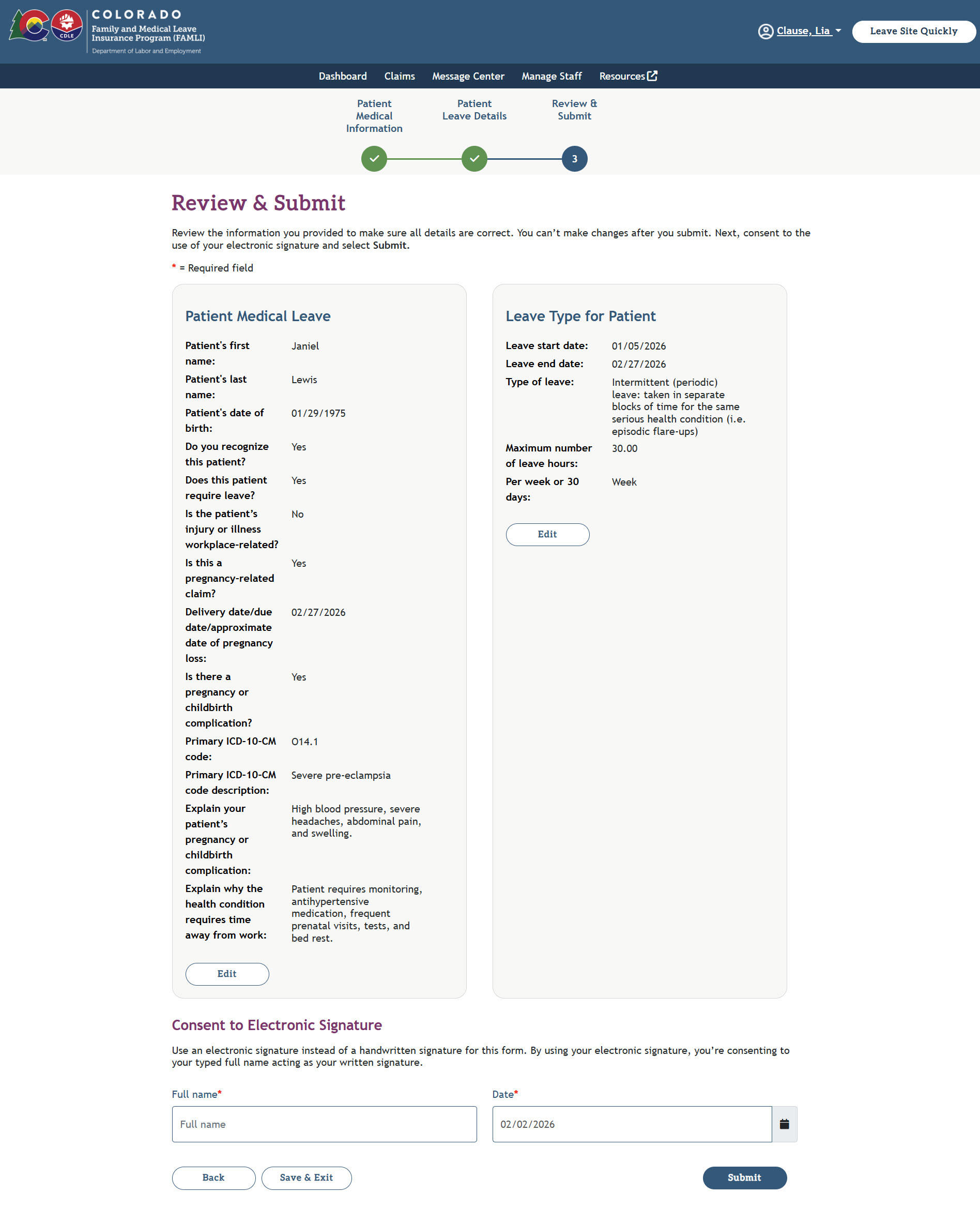 My FAMLI+ HCP 4.10 View and Certify SHCF Review and Submit