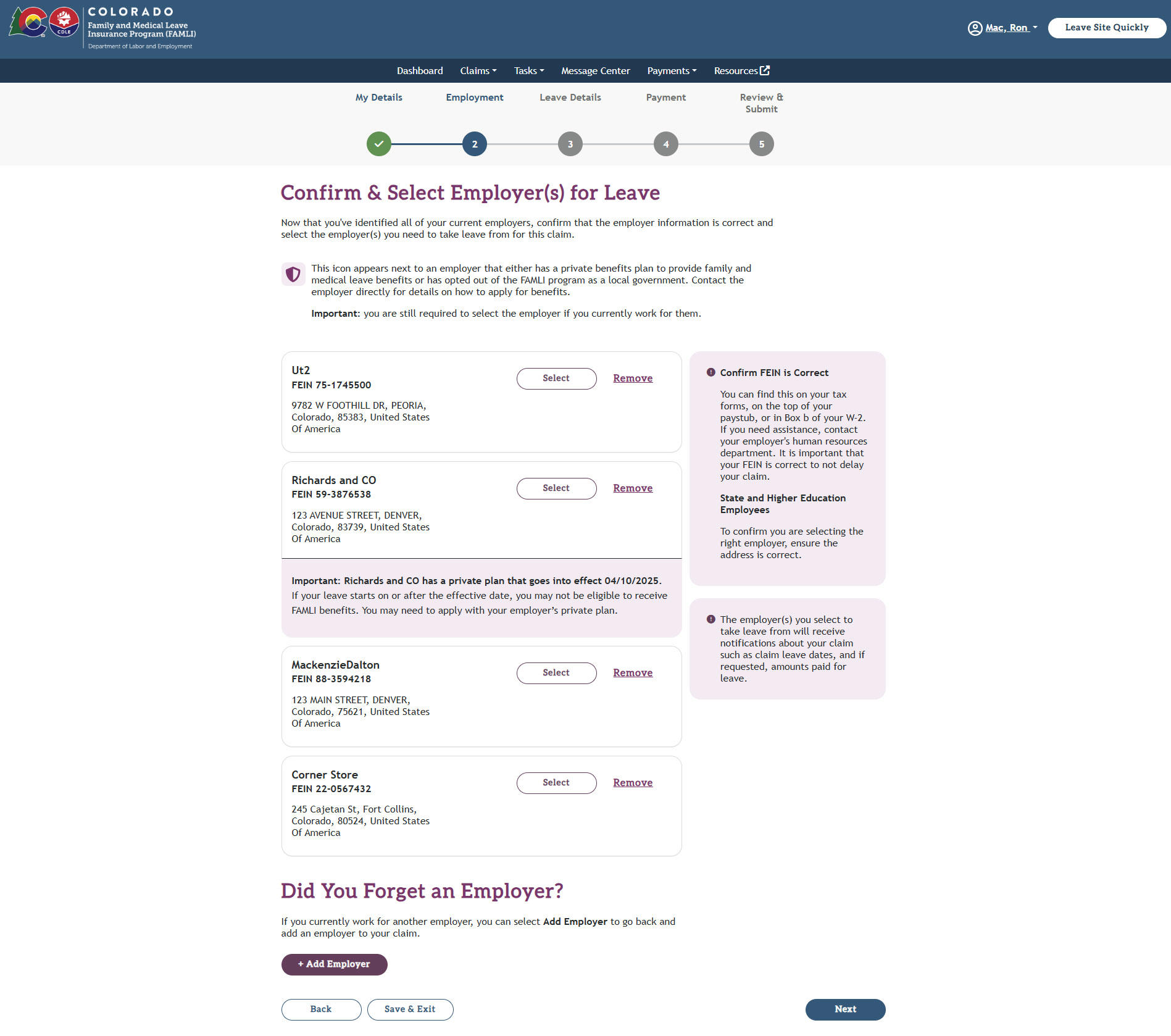 My FAMLI+ 4.2 Confirm & Select Employers for Leave Screen