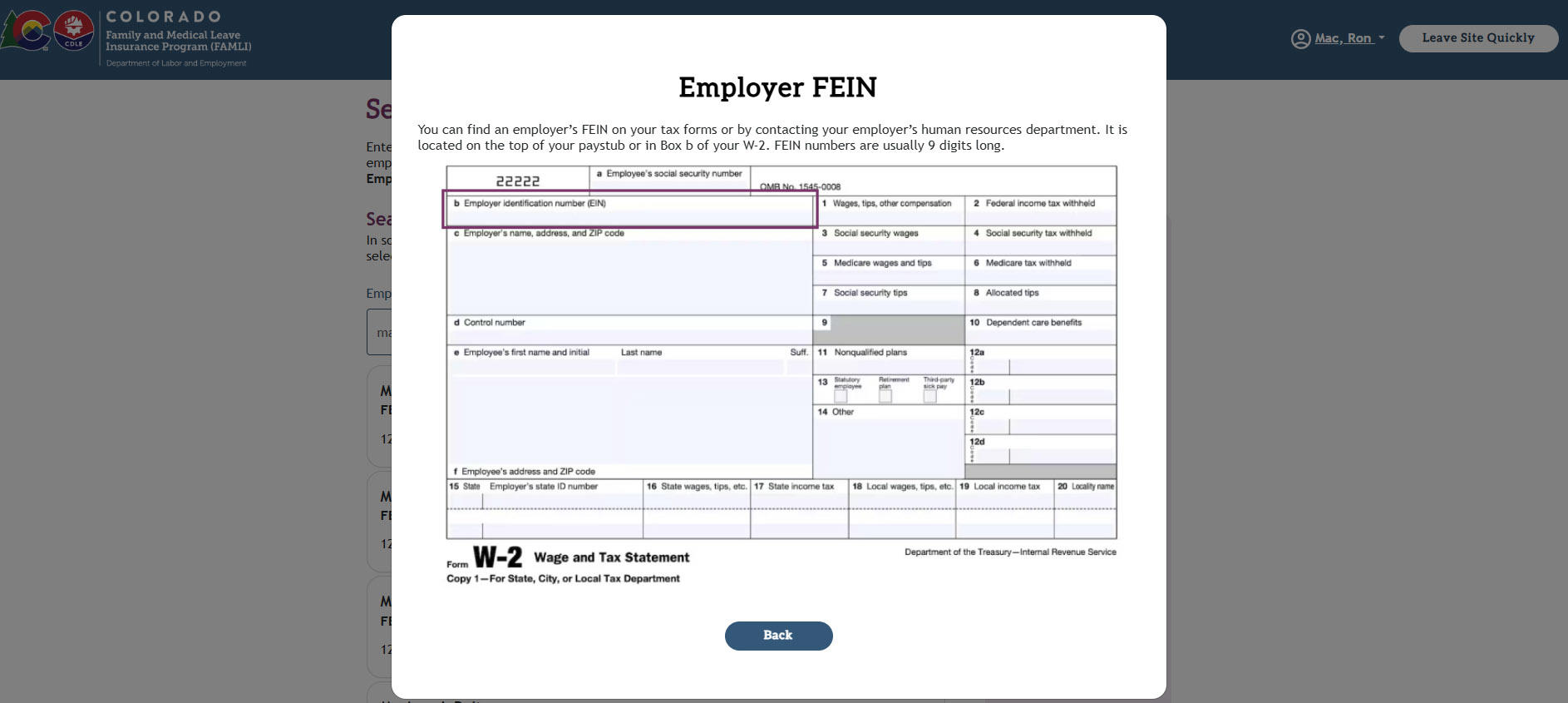 My FAMLI+ 4.2 Employer FEIN Screen