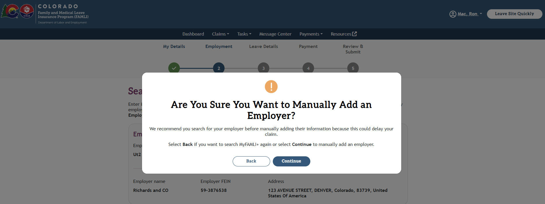 My FAMLI+ 4.2 Are you sure you want to manually add an employer Screen