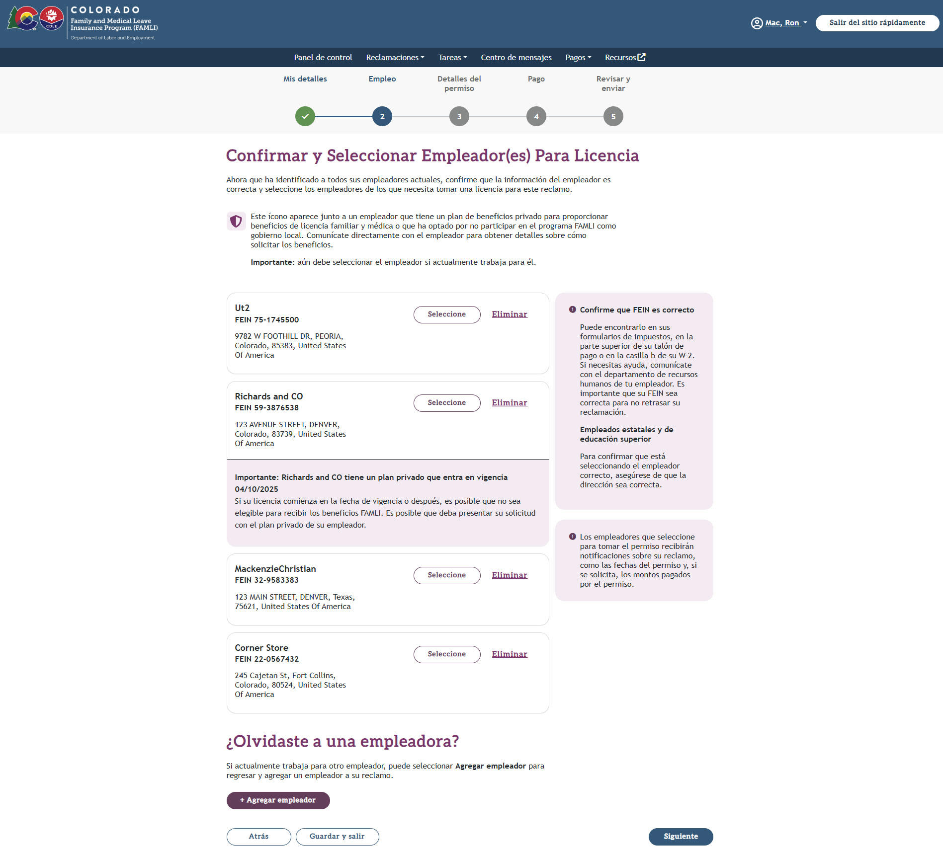 My FAMLI+ 4.2 Confirmar y seleccionar empleadores para licencia Screen