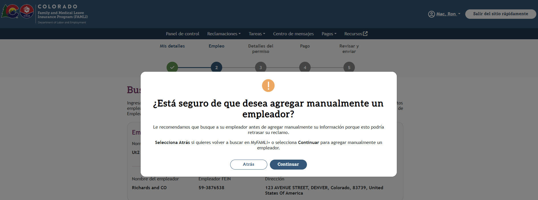 My FAMLI+ 4.2 Está seguro de que desea agregar manualmente un empleador Screen