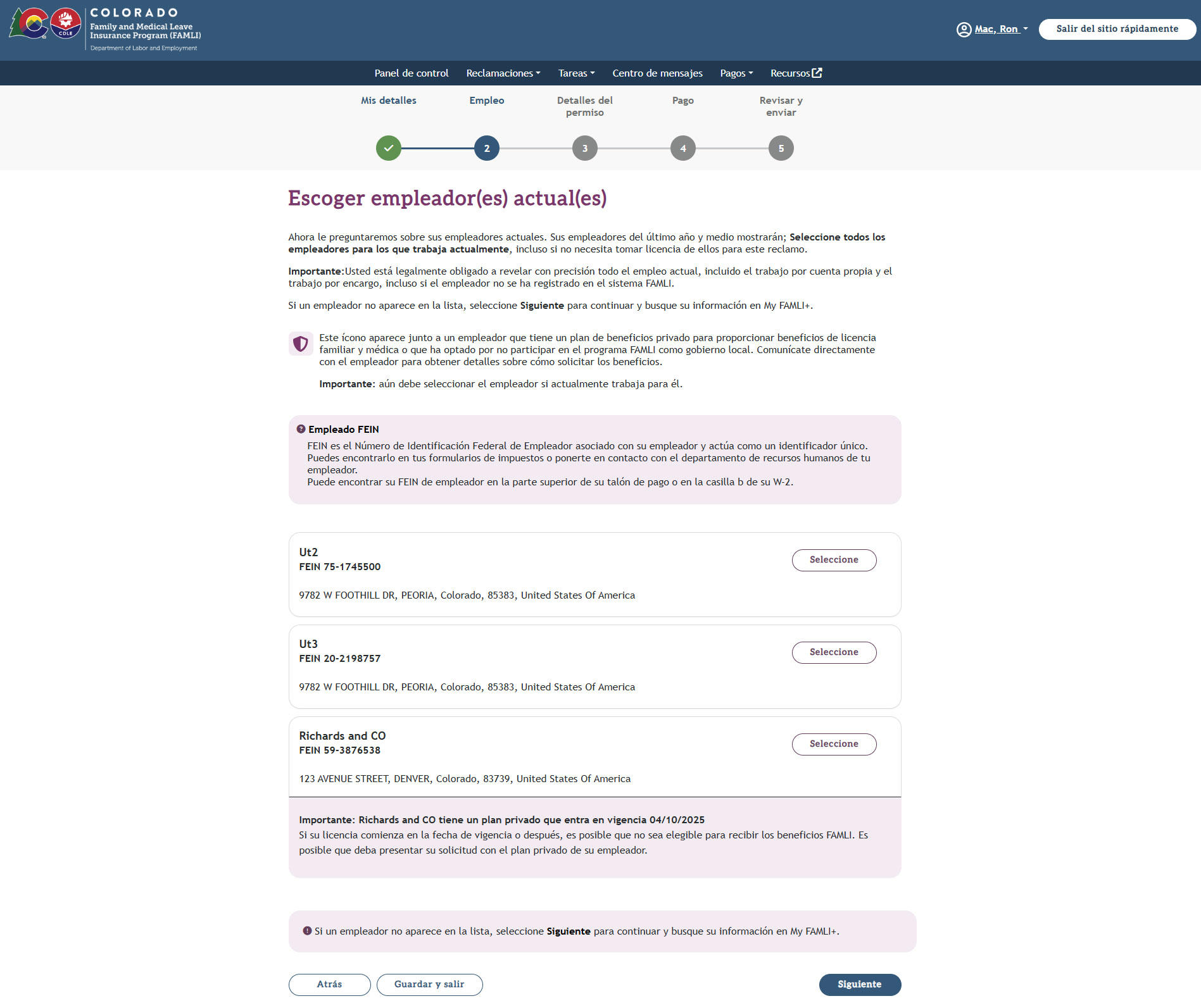 My FAMLI+ 4.2 Escoger empleadores actuales Screen