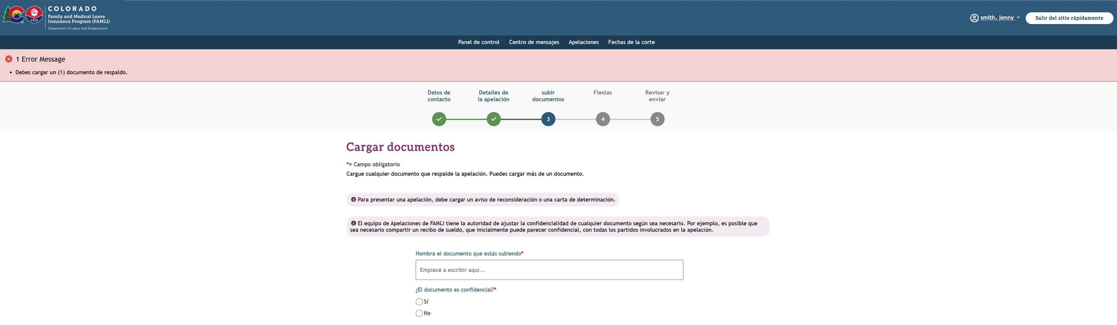 My FAMLI+ Appeals 4.2 Cargar Documentos Screen