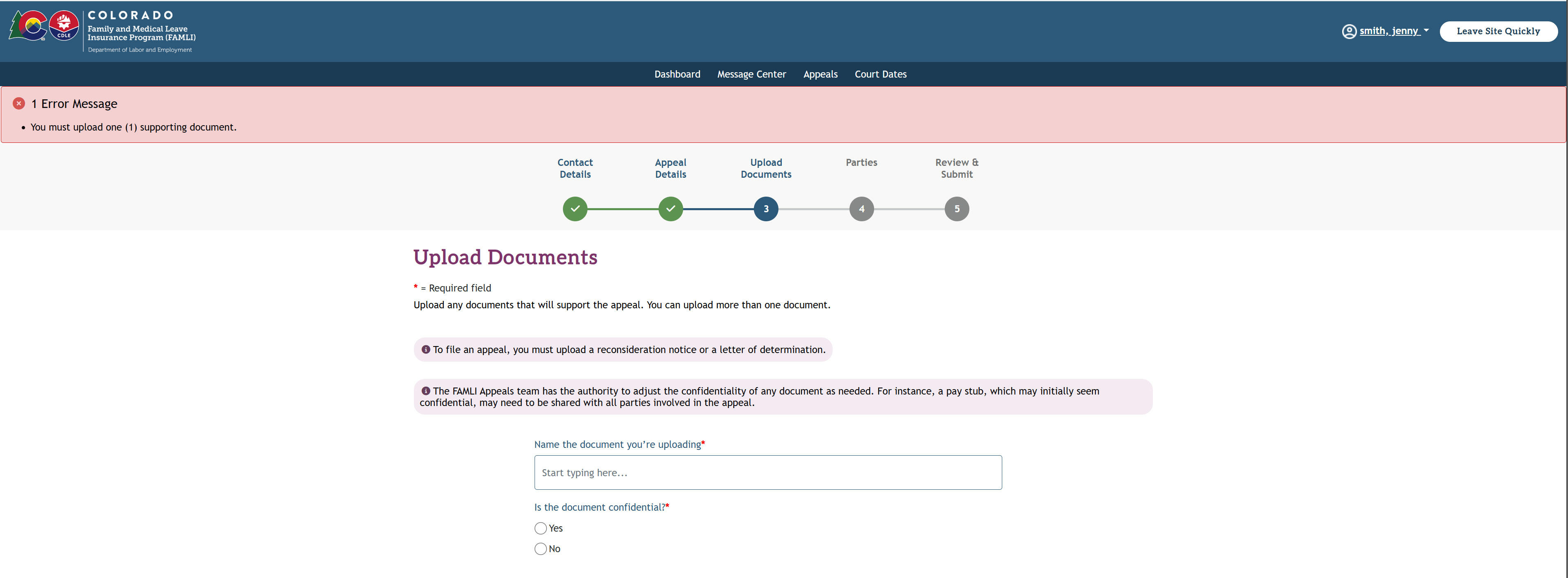 My FAMLI+ Appeals 4.2 Upload Documents Screen