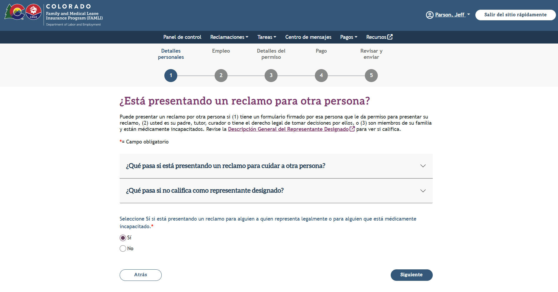 My FAMLI+ R4.3 Está presentando un reclamo para otra persona?