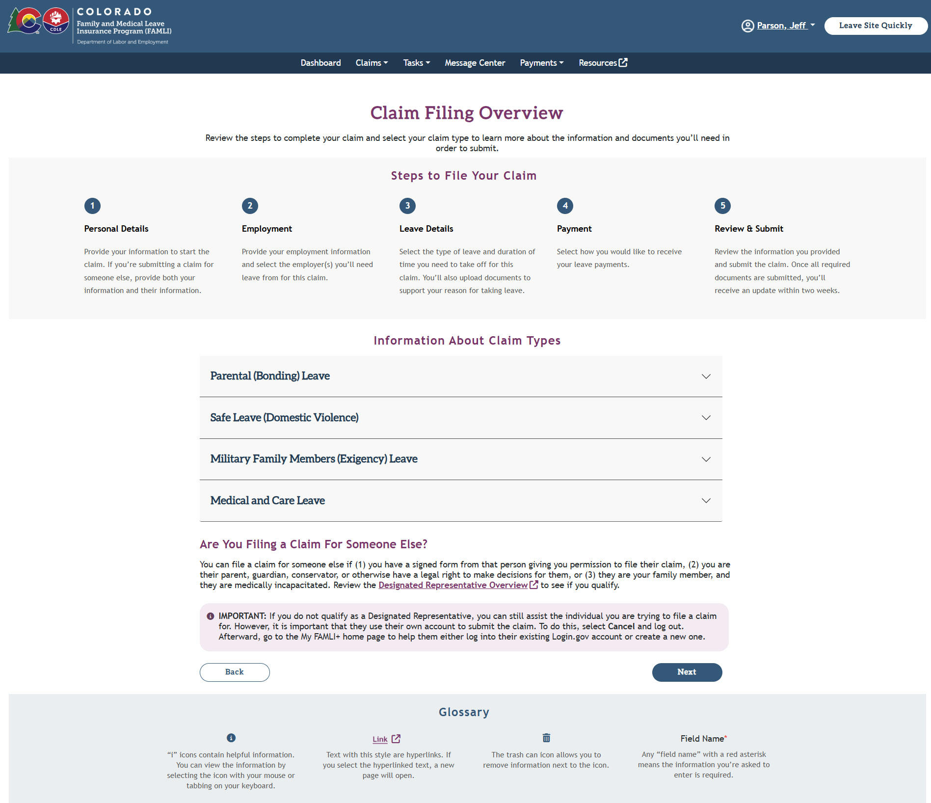 My FAMLI+ R4.3 Claim Filing Overview Screen
